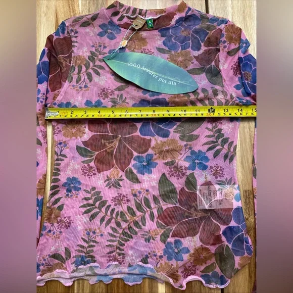 Farm Rio Top Small Womens Floral Tropical Garden Mesh Long Sleeve Mock Neck XS P - Picture 7 of 9